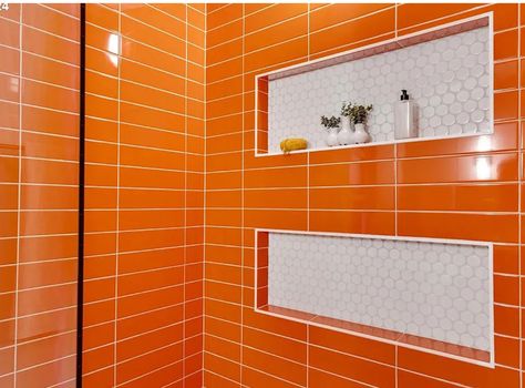 Orange Tile Bathroom, Orange Tile, Orange Tiles, Remodel Ideas, Tile Bathroom, Bathroom Remodel, Bathrooms Remodel, Tile, Orange