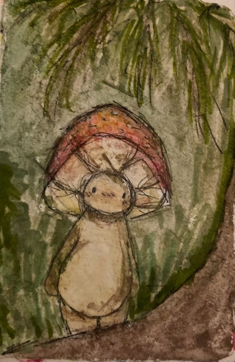 Easy Drawings Fairycore, Enchanted Drawing Ideas, Mushroom Dude Drawing, Cool Mushroom Art, Watercolor Art Cottagecore, Sketch Book Mushroom, Mushroom Realistic Drawing, Mushroom Drawing Watercolor, Fairycore Painting Easy