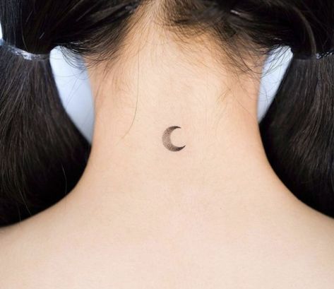 Moon Tattoo On Neck, Moon Tattoo On Back, Tattoo On Back Of Neck, Small Moon Tattoos, Tattoo On Back, Crescent Moon Tattoo, Moon Tattoo Designs, Subtle Tattoos, Woman Back