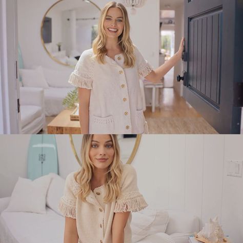 Margo Robbie venice beach cottage Margot Robbie Beach, Modern Beach Cottage, Cottages By The Sea, Wood Bead Chandelier, Fashion Outerwear, White Clothing, Birthday Suit, Beach House Interior, Beach Cottage