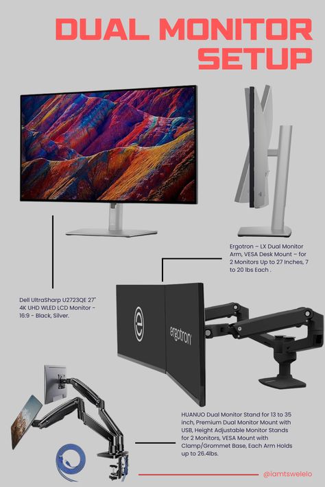 Dual monitor setup featuring Dell UltraSharp 27” 4K Monitor, Ergotron LX Dual Monitor Arm, and HUANUO Dual Monitor Stand for productivity and gaming. Dual Monitor Setup, Dual Monitor Stand, Dual Monitor Arms, Vesa Mount, Monitor Mount, Work Space Organization, Monitor Stand, Must Have Tools, Lcd Monitor