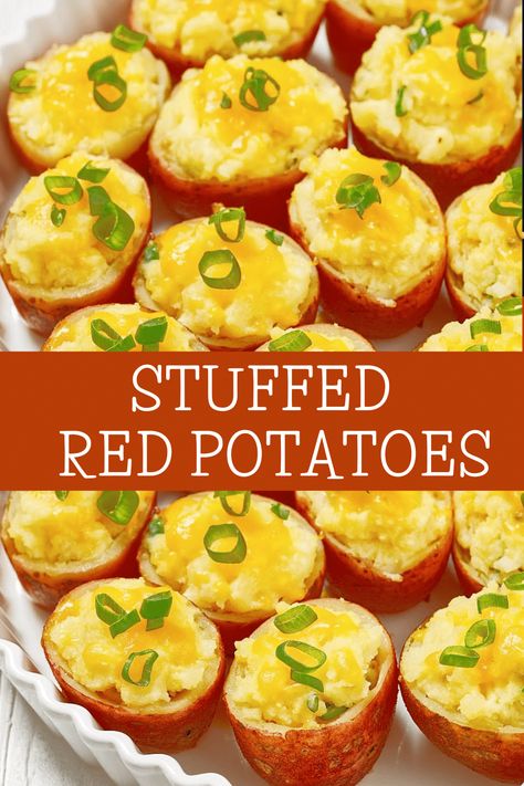 Stuffed Baby Red Potatoes ~Serve these savory potato bites as an appetizer or fun side dish, perfect for any occasion! via @thiswifecooks Baby Red Potato Recipes, Baked Red Potatoes, Red Potato Recipes, Vegan Cheddar Cheese, Baby Red Potatoes, Potato Bites, Vegan Cheddar, Vegan Christmas Recipes, Vegan Sour Cream