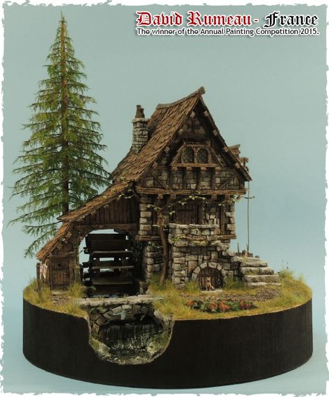 image Water Wheel House, Medieval Buildings, Painting Competition, Medieval Houses, Wargaming Terrain, Minecraft Inspiration, Water Wheel, Fantasy House, Miniature Houses