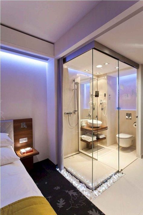 Makeover Kamar Mandi, Modern Hotel Room, Hotel Room Interior, Interior Hotel, Open Bathroom, Wall Interior, Hotel Room Design, Guest Bathrooms, Interior Wall Design