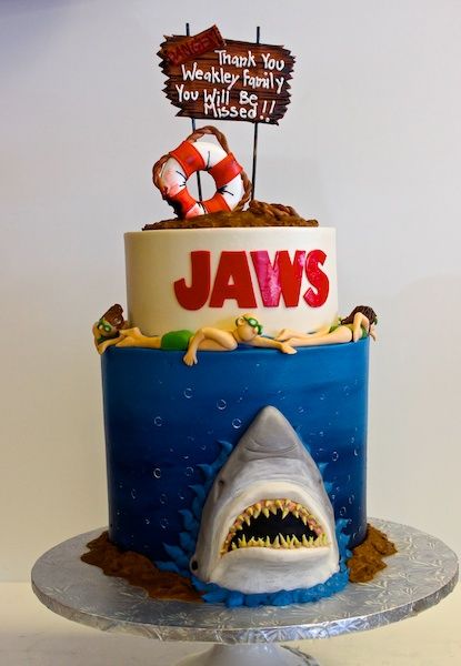 #Jaws inspired cake....who doesn't love Jaws? Jaws Cookies, Jaws Cake Ideas, Jaws Birthday Cake, Jaws Birthday Party, Jaws Cake, Shark Cake Ideas, Horror Cakes, Power Rangers Birthday Cake, Jaws Party