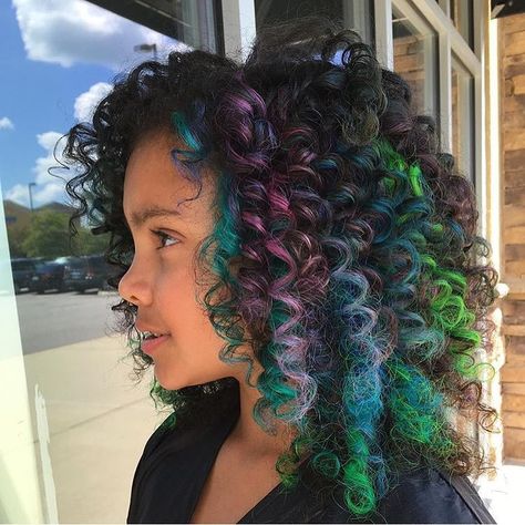 colorful hair like rainbow hair on curly hair, or is it oil slick hair? Oil Slick Hair Color, Hidden Rainbow Hair, Oil Slick Hair, Slick Hair, Pulp Riot Hair Color, Dyed Hair Pastel, Raw Indian Hair, Bold Hair Color, Pulp Riot Hair