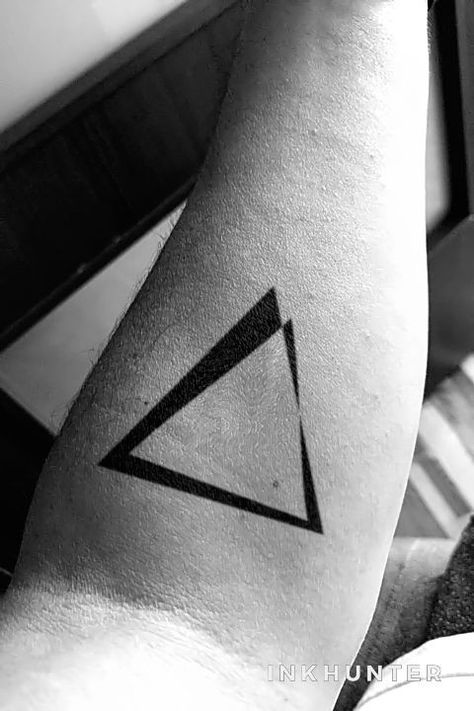 Triangle Forearm Tattoo, Geometric Triangle Tattoo Design, Black Triangle Tattoo, Architect Tattoo Ideas, Math Tattoos Ideas, Inner Wrist Tattoos Men, 3 Triangle Tattoo, Mason Logo, Ogham Tattoo