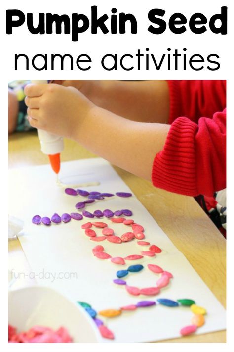 Learn how to dye pumpkin seeds for fun fall name activities. So many preschool learning skills are explored with these name activities. And the pumpkin seeds can be used for so many other pumpkin activities! #FunADay #Pumpkins #PumpkinActivities #Preschool #Preschoolers #PreschoolActivities #Names #NameActivities #FineMotorSkills Fall Name Activities, Seed Activities For Preschool, Seed Names, Preschool Pumpkins, Preschool November, Prek Themes, October Preschool, Name Activities Preschool, Pumpkins Preschool