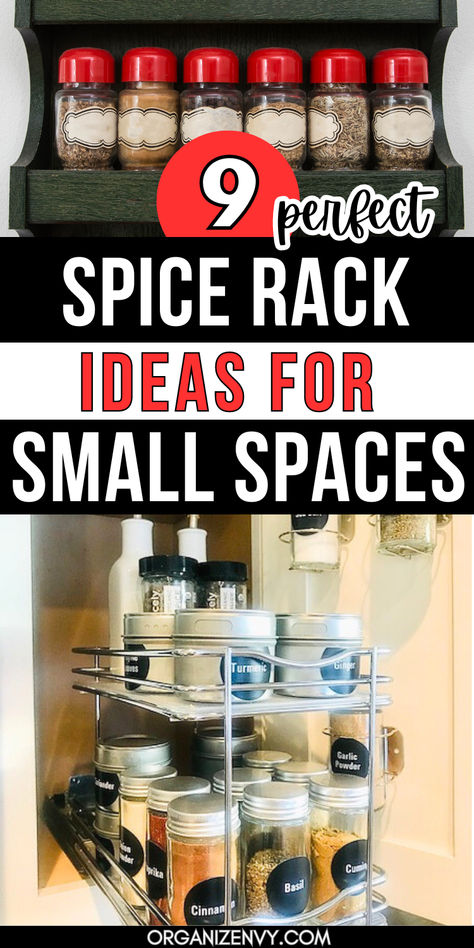 Spice bottles organized on spice racks in a kitchen Spice Organization Small Space Cupboards, Spice Storage Small Space, Cabinet Spice Organization, Diy Spice Rack Ideas Inside Cabinets, Spice Storage Ideas Inside Cabinets, Spice Rack For Small Spaces, Cabinet Spice Storage, Under Cabinet Spice, Pantries Ideas