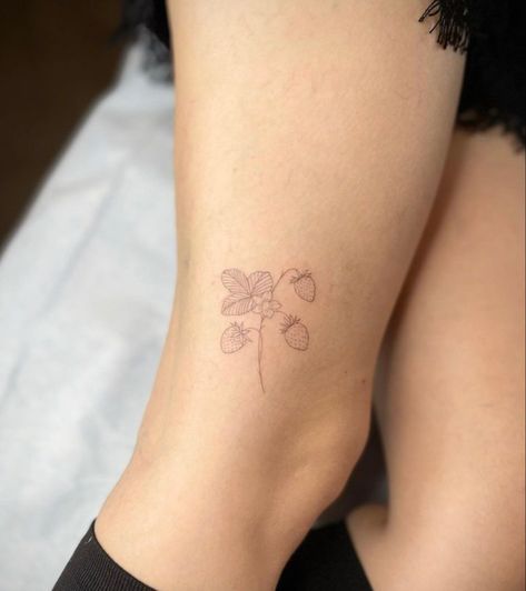 Strawberry Tree Tattoo, Wild Berries Tattoo, Strawberry Vine Tattoo Black And White, Strawberry Fields Forever Tattoo, Fine Line Strawberry Tattoo, Arm Tattoo Placement Ideas, Strawberry Fields Tattoo, Wild Strawberry Tattoo, Strawberry Flower Tattoo