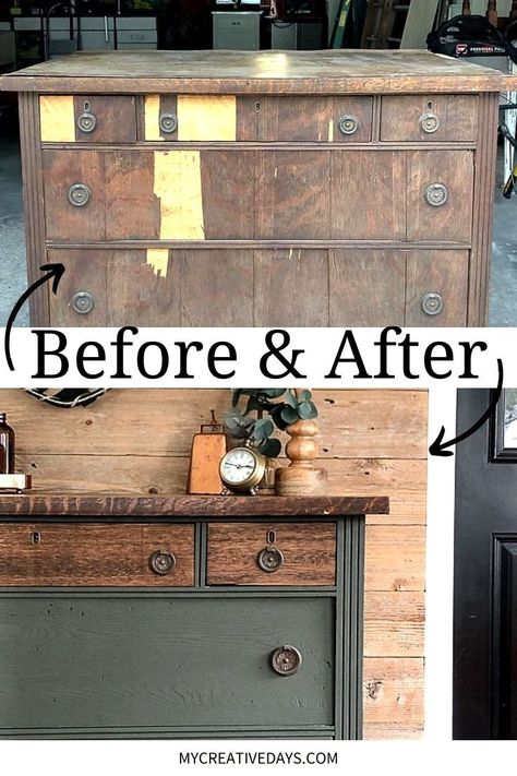 Transform an old dresser into a beautiful rustic furniture makeover with our step-by-step green rustic dresser makeover! Dressers are the perfect upcycled home décor project, great for beginner or advance furniture flippers. Click through for the full DIY dresser makeover tutorial. Rustic Dresser Makeover, Diy Dresser Makeover Ideas, Green Dresser Makeover, Dresser Makeover Ideas, Paint Dresser Diy, Painted Dressers, Upcycled Home, Nightstand Makeover, Rustic Dresser