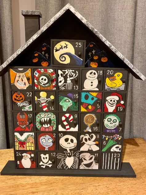 Nightmare Before Christmas Advent Calendar, The Nightmare Before Christmas Diy Decor, Painted Advent Calendar, Advent Calendar House, Halloween Advent Calendar, Advent Diy, Homemade Advent Calendars, Halloween Countdown Calendar, Nightmare Before Christmas Decorations