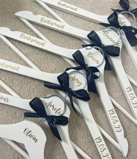 Hangers For Wedding, Wedding Coat Hangers, Bride Hanger Personalized, Wooden Coat Hanger, Diy Bridesmaid Gifts, Wedding Day Dresses, Navy Blue Bridesmaids, Bridesmaid Hangers, Wooden Coat Hangers