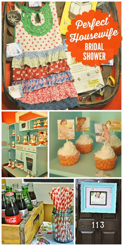 A 50's inspired "Perfect Housewife" bridal shower with vintage kitchen decorations! See more party ideas at CatchMyParty.com! Vintage Bridal Shower Ideas, 1950s Bridal Shower, Kitchen Wedding Shower, 50's Housewife, Vintage Party Ideas, Retro Bridal Showers, 50s Housewife, Kitchen Bridal Shower, Retro Bridal