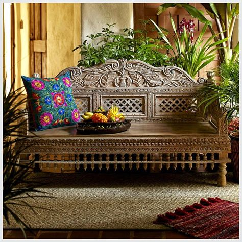 the east coast desi: CRAFT By World Market ◦●◦ ჱ ܓ ჱ ᴀ ρᴇᴀcᴇғυʟ ρᴀʀᴀᴅısᴇ ჱ ܓ ჱ ✿⊱╮ ♡ ❊ ** Buona giornata ** ❊ ~ ❤✿❤ ♫ ♥ X ღɱɧღ ❤ ~ Fr 20th Feb 2015 Comfy Backyard, Backyard Bench, Carved Bench, Global Decor, Indian Interiors, Ethnic Decor, Indian Furniture, Bench Seating, Bench Designs