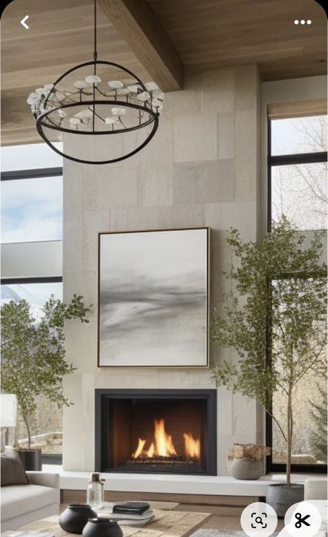 Modern Fireplace Ideas High Ceiling, Tall Living Room Fireplace, Tall Fireplace Design, Modern Fireplace Between Two Windows, Sandstone Fireplace Living Rooms, Fireplace Ideas Transitional, Electric Fireplace With Stone Surround, Fireplace Tall Wall, Fireplace Tv Wall With Windows On Each Side