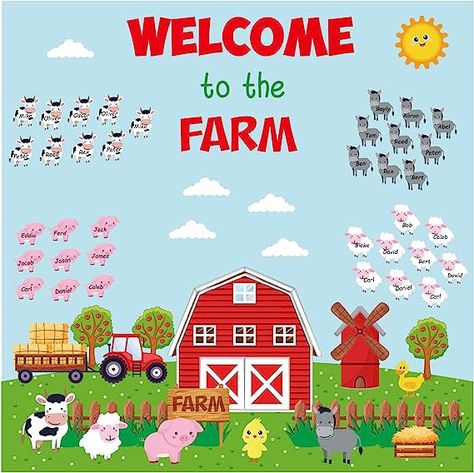 Package including: Welcome to the Farm classroom bulletin board decor set includes abundant cutouts, Large letter "Welcome to the Farm", 36 piece farm animals cutouts for name or blessing writed,, and 3 piece apples trees cutouts, Large red farm house, farm animals,barnyard, large meadow etc, come with 100 pieces glue point dots. Sufficient quantity and proper size for your classroom and home decoration. Suitable size: The Welcome to the Farm measures about 47.2 x 47.2 inches/ 120cm x 120cm Farm Bulletin Board Ideas, Classroom Bulletin Boards Preschool, Farm Classroom Decorations, Farm Classroom Theme Decor, Farm Bulletin Board, Farm Classroom, Farm Classroom Theme, Teacher Door Decorations, Classroom 2023