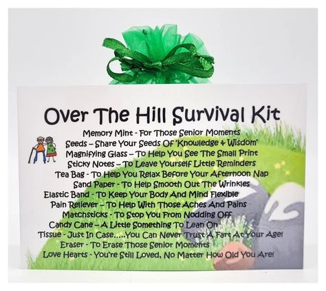 Over The Hill Survival Kit, Over The Hill Gifts, Birthday Survival Kit, Survival Kit Gifts, Prank Gifts, Goodbye Gifts, Birthday Poems, 65th Birthday, Over The Hill