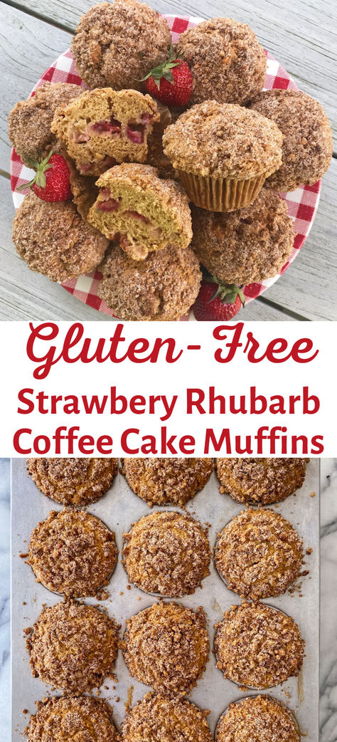 These light and fluffy gluten-free muffins celebrate the best of Spring -- strawberries and rhubarb! They have the most amazing texture, are packed with juicy strawberries & rhubarb and topped with the yummiest cinnamon sugar crumble! Strawberry Rhubarb Muffins Gluten Free, Gluten Free Strawberry Rhubarb Recipes, Rhubarb Gluten Free Recipes, Gluten Free Rhubarb Cake, Gf Rhubarb Recipes, Rhubarb Muffins Gluten Free, Sugar Free Rhubarb Recipes, Gluten Free Rhubarb Recipes, Strawberry Rhubarb Coffee Cake