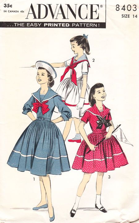 Advance 8403 Girls Sailor Dress, 1950s Girls, 1950s Sewing Patterns, Childrens Sewing Patterns, Girl Dress Pattern, Nautical Dress, Sewing Patterns Girls, Vintage Dress Patterns, Sailor Dress