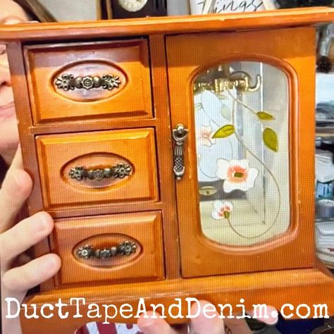 An Easy Thrifted Jewelry Cabinet Makeover - Dried Sage Jewelry Box Repurpose, Small Jewelry Box Makeover, Diy Painted Jewelry Box Ideas, Jewelry Box Makeover Diy Ideas, Upcycle Jewelry Box Ideas, Upcycled Jewelry Box Diy, Jewelry Box Makeover Diy, Refurbished Jewelry Boxes, Jewelry Box Redo