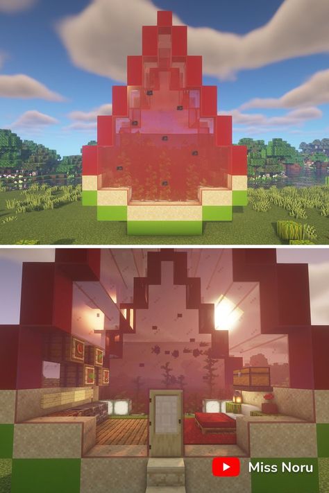 Minecraft Watermelon Build, Blueberry House Minecraft, Minecraft Watermelon House, Minecraft Pool Floaties, Fruit Minecraft House, Fruit House Minecraft, Minecraft Food House, Minecraft Fruit House, Minecraft Watermelon