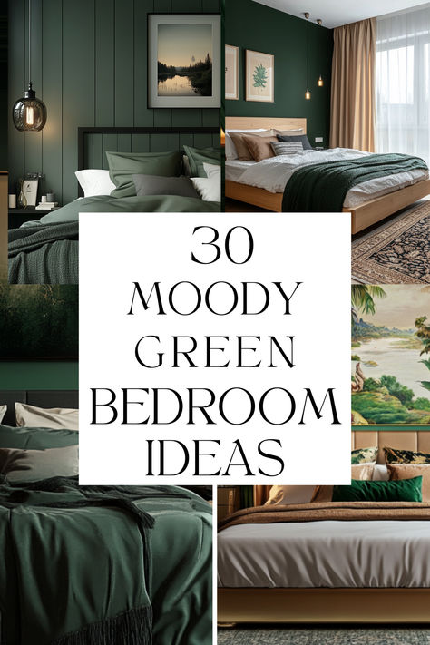 Create a cozy, moody escape with these dark green bedroom ideas! From deep forest greens to rich emerald shades, these designs bring a calming, luxurious vibe to any space. Perfect for adding warmth and character, these dark green accents work beautifully with wood textures, gold accents, and soft lighting. Dive in and find inspiration to transform your bedroom into a serene retreat that feels both sophisticated and relaxing. Click through to explore the magic of moody greens! Green Bedrooms With Wallpaper, Dark Green And Leather Bedroom, Bedroom Green Decor Ideas, Bedroom Decor Forest Green, Charcoal Grey And Green Bedroom, Forest Adult Bedroom, Forest Green Walls Bedroom, Hunter Green And White Bedroom, Bedroom Design Dark Green