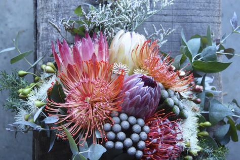 Swallows Nest Farm: February Wedding at Stewarts Bay Lodge Tropical Bridal Bouquet, Protea Wedding, February Wedding, Tropical Bridal, Sea Holly, Australian Native Flowers, Floral Comb, Native Flowers, Kangaroo Paw