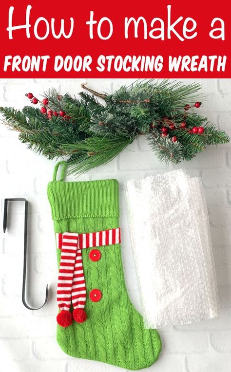 Homemade Outdoor Christmas Decorations Christmas Stocking Wreath Diy, Decorate Christmas Stockings Ideas, Stocking Wreaths Front Doors, Christmas Stocking Door Decoration, Christmas Stocking Wreath, Christmas Diy Stocking, Christmas Decorations For Front Door, Christmas Stocking Decorating Ideas, Homemade Outdoor Christmas Decorations