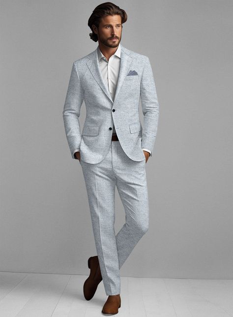 From sunlit garden parties to intimate seaside soirées, our Solbiati Light Blue Herringbone Linen Suit emerges as a beacon of refined leisure. Tailored from pure linen, our suit's distinguished herringbone design and thick texture promise comfort without compromise, and a cloud-kissed light blue shade evokes luxury. So surrender to its allure and adorn excellence with this distinguished ensemble that allows every moment to be a winner.     About Solbiati Pericle Collection :  A blend of artisan craftsmanship and the finest linen, designed for those who cherish classic elegance with a modern twist. Our collection offers unparalleled comfort and impeccable style. With the freedom to explore vibrant textures and colors, from sophisticated two-tone twills to lively mélange patterns, Pericle is Light Color Suits For Men, Grey Linen Suit Men, Powder Blue Suit Men, Beach Wedding Mens Attire, Linen Wedding Suit, Linen Suit Men, Blue Linen Suit, Suit For Men Wedding, Linen Suits For Men