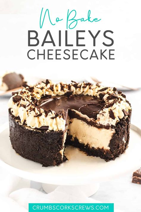 This no bake Baileys cheesecake is packed full of chocolate and Irish Cream; making it an impressive dessert for all occasions, including Christmas and St. Patrick's Day! The silky, smooth and creamy Baileys cheesecake filling is encased in an Oreo crust, and topped with a decadent Baileys chocolate ganache and whipped cream. And the best bit, it's super easy to make! Christmas Pudding Ideas Desserts, No Bake Baileys Cheesecake, Bailey's Cheesecake, Impressive Dessert, Baileys Cheesecake, Baileys Recipes, Springform Pan Cake, Impressive Desserts, Oreo Crust