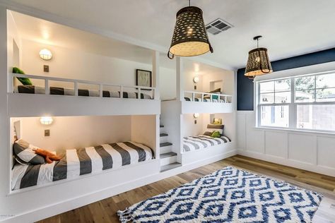 Contemporary Guest Bedroom with double-hung window, Pottery barn kids - rugby stripe duvet cover, Wall lights, Crown molding Contemporary Guest Bedroom, Girls Bunk Beds, Bunk Bed Rooms, Double Bunk Beds, Bunk Beds Built In, Guest Bedroom Design, Built In Bunks, Bunk Rooms, Cool Bunk Beds