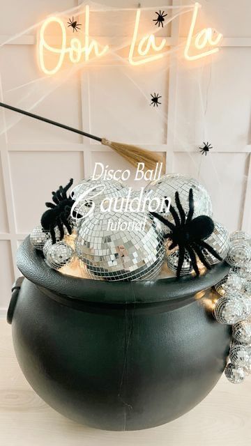 Halloween Decor Cauldron, Disco Ball Witch Hat, Disco Ball Witches Cauldron, Disco Halloween Party Decor, Disco Fall Decor, Halloween Decor With Disco Balls, Glitter Halloween Decor, Disco Halloween Decorations, Spooky Disco Party