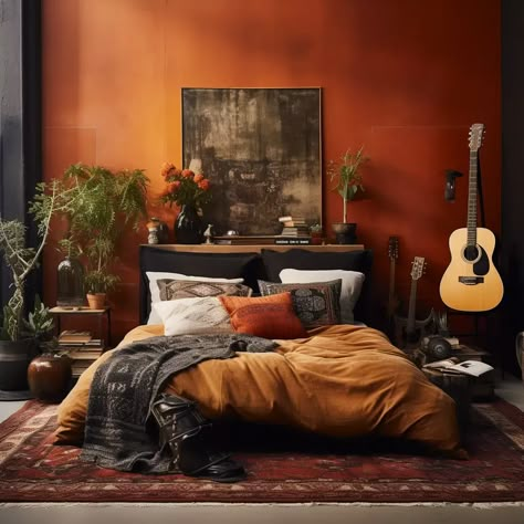 Earthy Dressing Room, Modern Orange Bedroom, Earthy R&b Aesthetic, Orange Paint Bedroom, Red Bedroom Decor Ideas, Black And Rust Bedroom, Green And Red Aesthetic, Moody Spaces, Rust Bedroom