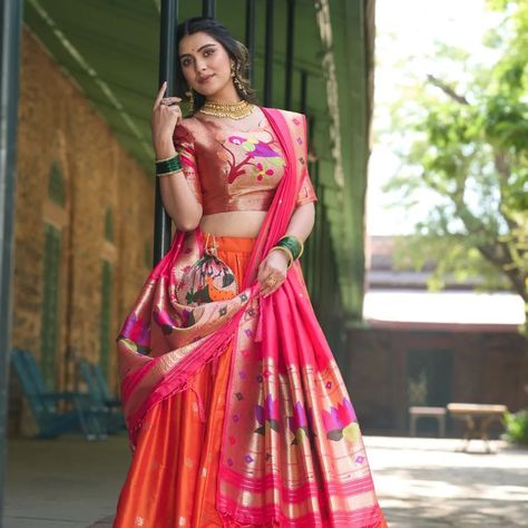 *🌷Paithani collection 🌷* Who says you can't be trendy and traditional at the same time? 🤷🏻‍♀️ This Jacquard Silk Paithani Lehenga Choli is the perfect classic and contemporary fashion🧡🤍 *Catalogue : RUDRANI* *LNB2005ONG* *LNB2005WHT* *Lehenga(Stitched)* Lehenga Fabric : Jacquard Silk (Paithani) Lehenga work : Weaving Zari Work Lehenga Waist : SUPPORTED UP TO 42 Lehenga Closer : Drawstring with Handmade Tassels Stitching : Stitched With Canvas and Can Can Length : 41 Flair : 4 Meter Inn... Paithani Lehenga Designs, Paithani Dupatta, Paithani Lehenga, Silk Blouse Work, Tassels Dupatta, Lehenga Stitched, Marathi Bride, Lehenga Fabric, Stitched Lehenga