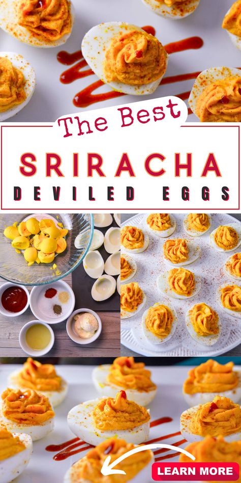 4 photos of the best sriracha deviled eggs; upper one is from top view of deviled eggs with a drizzle of sriracha on a white platter below eggs. Lower left is the ingredients, lower right is the eggs on a white egg platter and the lower photos shows a side view of the deviled eggs with a drop of sriracha on top of each egg halve. Non Traditional Deviled Eggs, Deviled Eggs Recipe Unique, Gourmet Deviled Eggs Appetizers, Fun Deviled Eggs Recipe, Red Deviled Eggs, Gourmet Deviled Eggs Recipe, How To Transport Deviled Eggs, Different Deviled Eggs, Easy Unique Dinner Recipes