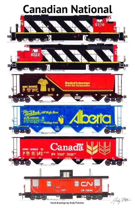 Train Drawings, Andy Fletcher, Train Drawing, Canadian National Railway, Train Posters, Steam Engine Trains, Train Cars, Railroad Pictures, Rail Transport