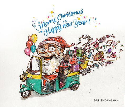 christmas greeting by SATISH GANGAIAH, via Behance Christmas Festival Drawing, Satish Gangaiah, Funny Christmas Ideas, Happy New Year Drawing, Indian Christmas, Indian Illustration, Diwali Greetings, Figure Sketching, Art Painting Gallery