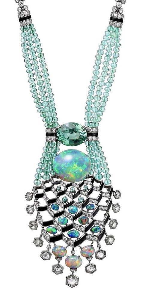 Matsuri Necklace, Cartier Coloratura: Platinum, one 14.82-carat cabochon-cut opal, one 7.25-carat oval-shaped tourmaline, tourmaline beads, tourmalines, opals, onyx, rose-cut diamonds, brilliant-cut diamonds. Ammolite Jewelry, High Jewellery, Cartier Jewelry, Tourmaline Beads, Opal Beads, Fabulous Jewelry, Vintage Jewels, Van Cleef, Opal Necklace