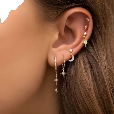 Celestial Ear Stack, Cute Earing Stacks, Eat Piercing Stack, 3 Stack Earrings, Celestial Ear Piercings, Stack Ear Piercings, Celestial Earring Stack, Cute Ear Stacks, Dainty Gold Earring Stack