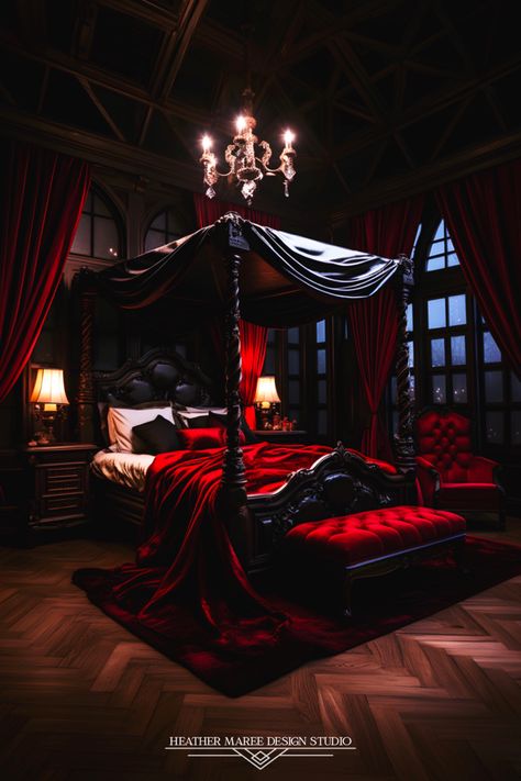 Indulge in dark elegance with this mesmerizing gothic home decor inspiration! The enchanting ambiance is created with rich velvets, luxurious textures, and opulent accents🌹🕸️ The ornate canopy bed sets the stage for a dramatic focal point 🛏️💫 Gothic-inspired decor and vintage elements evoke an old-world charm that captivates the senses. 🖤🏰 #HomeDecorIdeas #GothicBedroom #DarkElegance #OpulentDecor #GothicGlamour #MysteriousVibes #RomanticEscape #VintageChic #GothicCharm Enchanted Bedroom Ideas, Casa Rock, Gothic Bedroom Ideas, Design Ložnic, Gothic Decor Bedroom, Goth Bedroom, Gothic Room, Gothic Interior, Gothic Bedroom