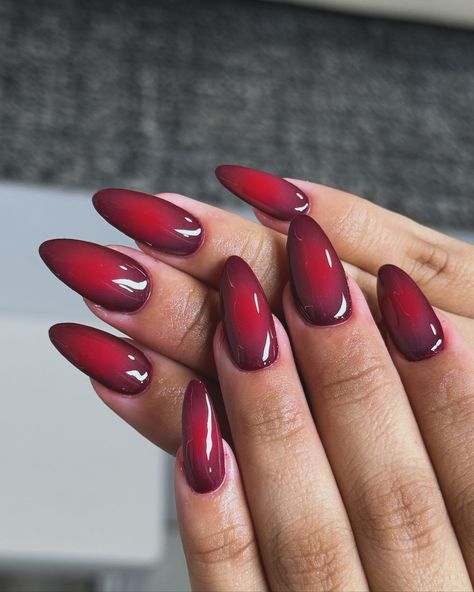 Burgundy Airbrush Nails, Moody Red Nails, Red Pink Black Nails, Red And Orange Aura Nails, Red Aura Nails With Chrome, Fiery Red Nails, Red Air Brush Nails, Red And White Aura Nails, Maroon Jelly Nails