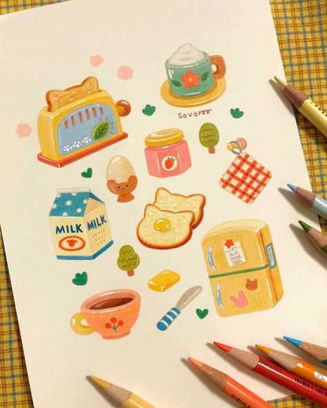 Color Pencil Art Aesthetic, Cute Food Drawings Aesthetic, Color Pencil Doodles, Color Pencil Illustration, Cute Food Art, Cute Doodles Drawings, Cute Doodle Art, September 22, Color Pencil Art