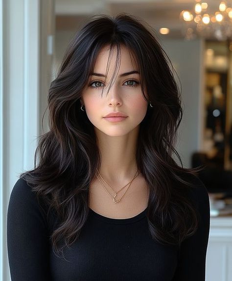 Haircut For Mid Length Hair, Female Character Inspiration Black Hair, Mid Back Length Hair, Medium Length Dark Hair, Bangs Volume, Volume Hairstyles, Medium Length Hairdos, Full Volume, Curly Hair Women