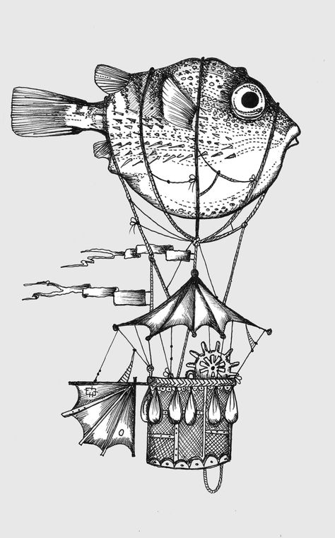 Blowfish Illustration, Blowfish Tattoo, Tattoos Bear, Steampunk Zeppelin, Ship Tattoos, Tattoos Tiny, Literary Tattoos, Tattoos Temporary, Travel Tattoos