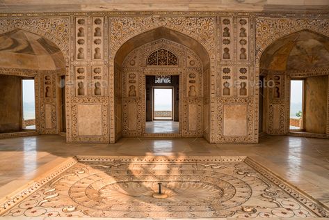 Interior of Golden Pavilion in Fort of Agra by Yakov_Oskanov. Interior and wall decorations of Golden Pavilion inside Red Fort of Agra, India #AD #Fort, #Agra, #Pavilion, #Interior Red Fort Agra, Golden Pavilion, Agra Fort, Red Fort, The Taj Mahal, Incredible India, Agra, Time Travel, Picture Wall