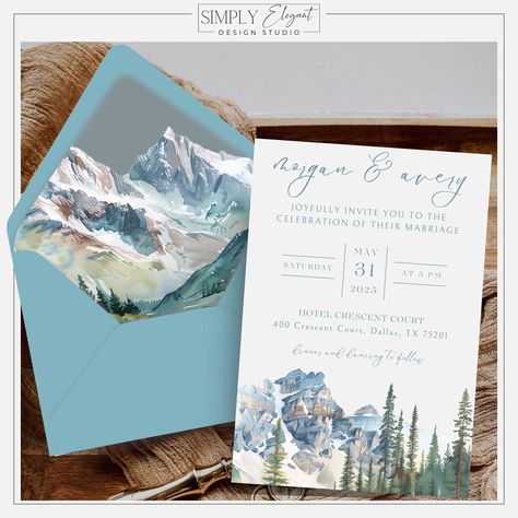 Celebrate your love amidst breathtaking mountain vistas with our editable dusty blue rustic wedding invitation template, perfect for your western-themed wedding. This printable invitation captures the essence of your mountain wedding, infusing rustic charm with a touch of dusty blue elegance. 𝑪𝒐𝒏𝒈𝒓𝒂𝒕𝒖𝒍𝒂𝒕𝒊𝒐𝒏𝒔 𝒐𝒏 𝒚𝒐𝒖𝒓 𝒖𝒑𝒄𝒐𝒎𝒊𝒏𝒈 𝒘𝒆𝒅𝒅𝒊𝒏𝒈!! 𝑾𝒆 𝒘𝒊𝒔𝒉 𝒚𝒐𝒖 𝒂𝒍𝒍 𝒕𝒉𝒆 𝒃𝒆𝒔𝒕 𝒂𝒏𝒅 𝒂𝒓𝒆 𝒔𝒐 𝒈𝒍𝒂𝒅 𝒚𝒐𝒖 𝒄𝒉𝒐𝒔𝒆 𝒖𝒔 𝒕𝒐 𝒃𝒆 𝒂 𝒑𝒂𝒓𝒕 𝒐𝒇 𝒚𝒐? Dusty Blue Mountain Wedding, September Mountain Wedding, Wedding Invitations Mountains, Mountain Wedding Invites, Mountain Inspired Wedding, Dusty Blue Rustic Wedding, Mountain Wedding Colors, Mountain Theme Wedding, Blue Rustic Wedding