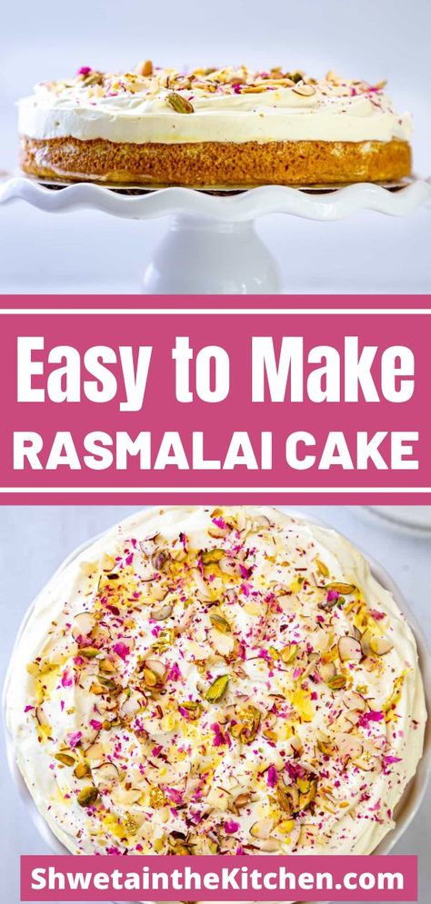 Easy to make Rasmalai cake is a fun fusion dessert to celebrate festivities or any special occasion. It combines flavors of the Indian dessert Rasmalai in the form of cake making it totally irresistible! Egg-free and delicious! Rasmalai cake is our new favorite sweet to celebrate special occasions. From festivals to birthdays, anniversary and now on popular demand it was part of new year's celebration too! Indian Inspired Cake Flavor, Indian Cakes Birthday, Creative Easy Desserts, India Desserts Simple, Easy Indian Fusion Desserts, Indian Inspired Desserts, Indian Cake Recipe, Indian Birthday Cake, Quick Deserts Ideas