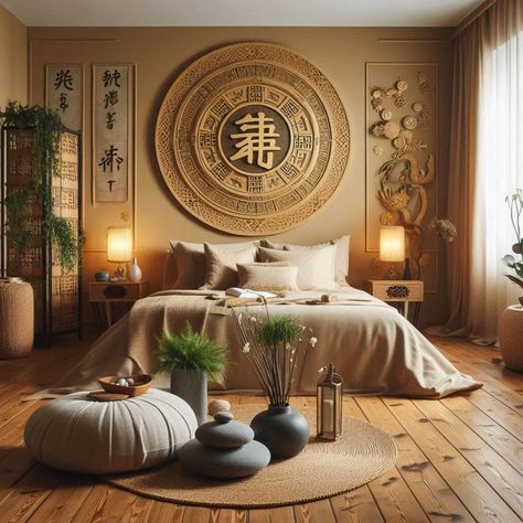 Feng Shui Bedroom Pictures Wall Art, Feng Shui Home Decor, Feng Shui Bed Placement, Feng Shui Bed, Asian Inspired Bedroom, Bedroom Feng Shui, Feng Shui Bedroom Colors, Feng Shui Colors, Bed Placement