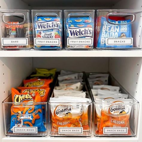 mDesign Home Organization Solutions | 🍿 SNACK BREAK 🍿 16 x 5.75 x 5 bins are so verstial and allow easy access for your favorite snacks! Tell us if you’re team Cheetos or... | Instagram Snack Cupboard Organization, Snack Cabinet Organization, Organize Cupboards, Snack Cupboard, Snack Bin, Cupboard Organization, Chocolate Stores, Cheap Organization, Snack Organizer